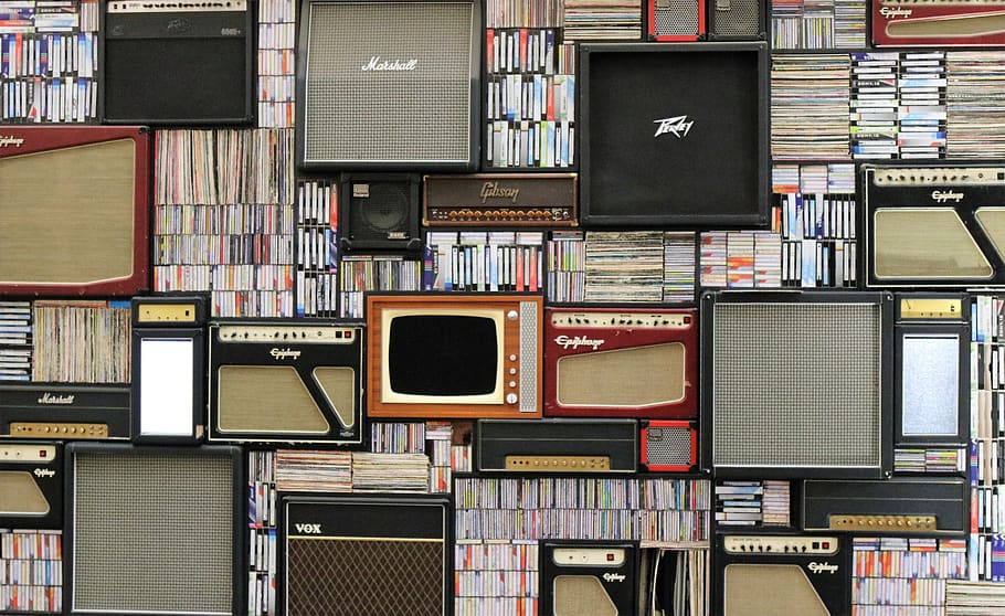 speaker, books, shelf, amplifier, variation, large group of objects HD wallpaper
