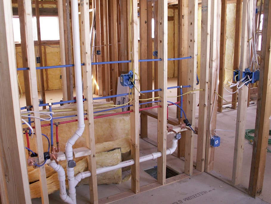 brown wooden frame, construction, studs, plumbing, wiring, building construction HD wallpaper