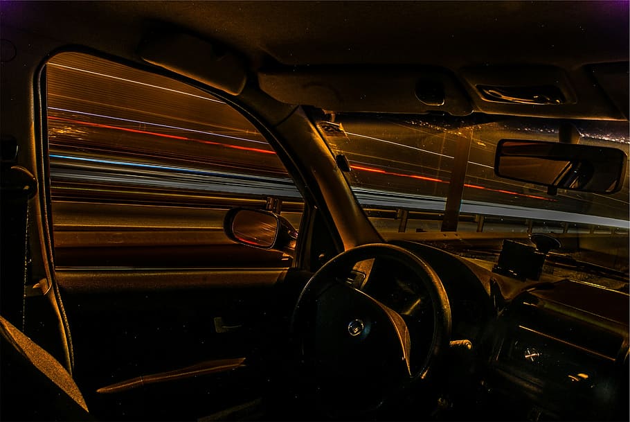 black vehicle interior, time, lapse, photo, car, steering, wheel HD wallpaper