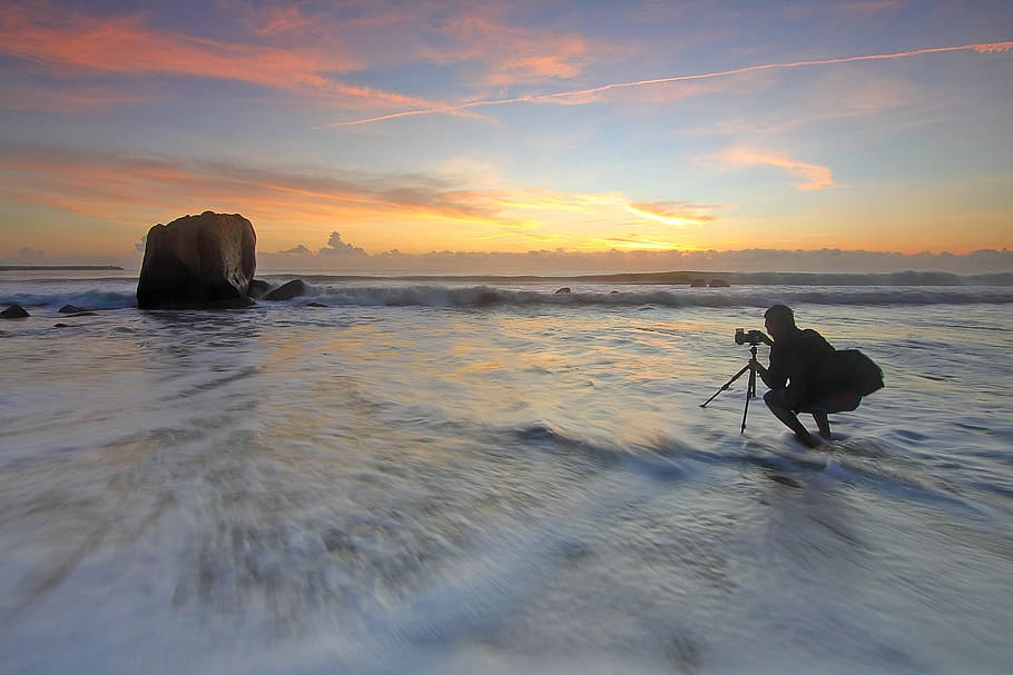 beach, dawn, dusk, landscape, man, ocean, photographer, rock HD wallpaper