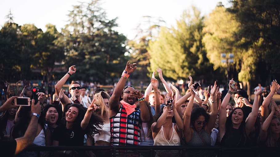 photo of group of people raising their hands, stage, crowd HD wallpaper