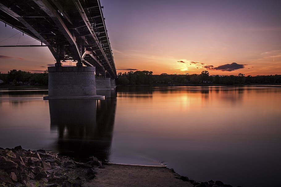 bridge, dawn, dusk, evening, landscape, light, nature, ocean HD wallpaper