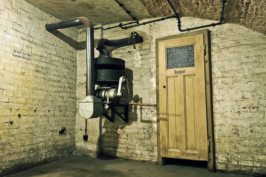 black water heater beside door, Bunker, Air-Raid Shelter, World War