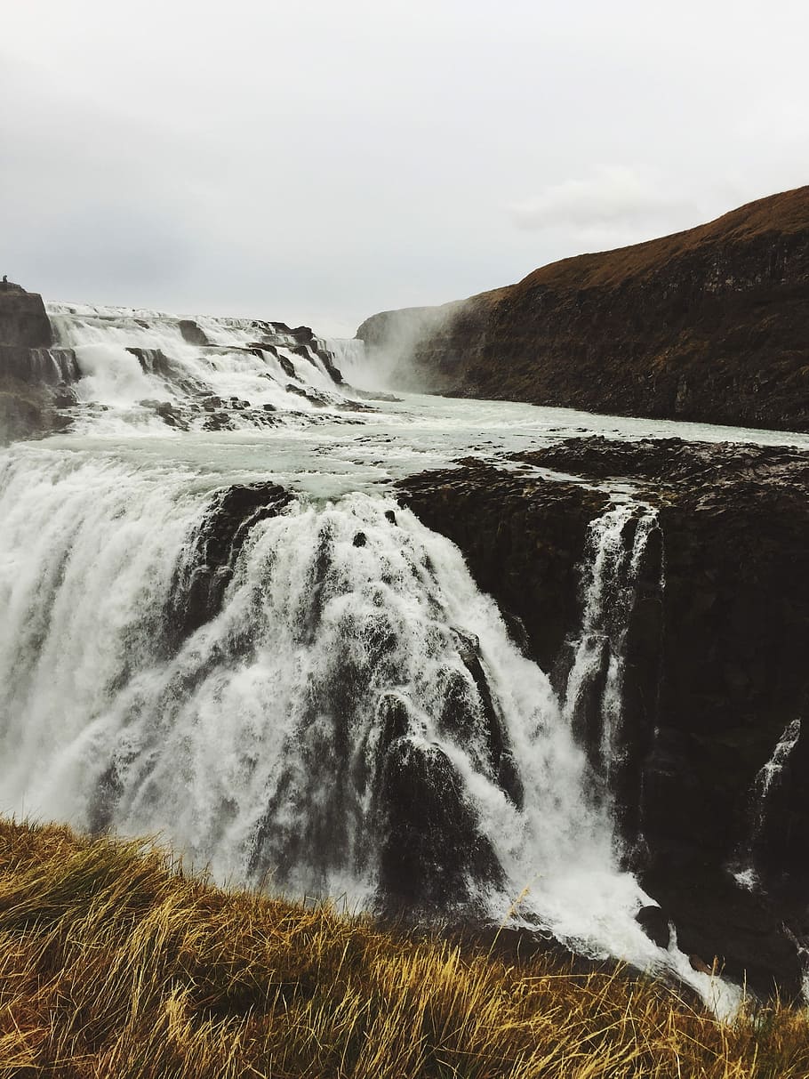 high angle photo of waterfalls, waterfalls crashing on rocks HD wallpaper