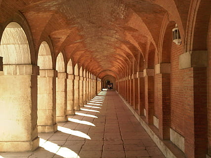 brown concrete arch, architecture, leaks, shadows, colonnade HD wallpaper