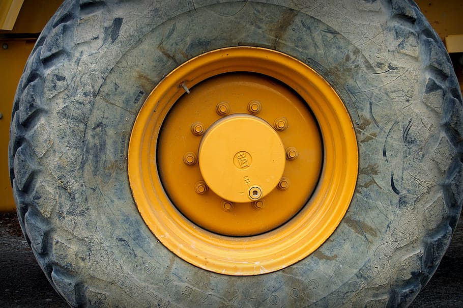 yellow vehicle wheel and tire, wheel bearing, gland, rim, excavators, HD wallpaper