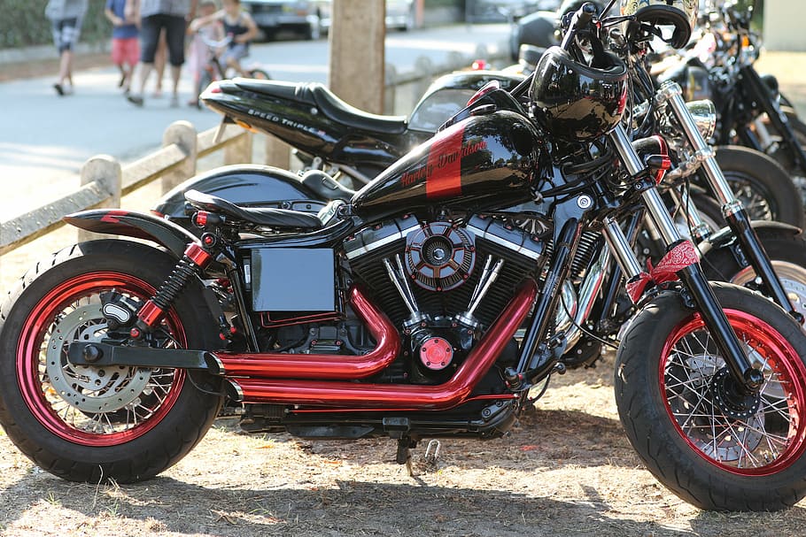 motorcycle, nab, harley davidson, custom, red, black, mode of transportation, HD wallpaper
