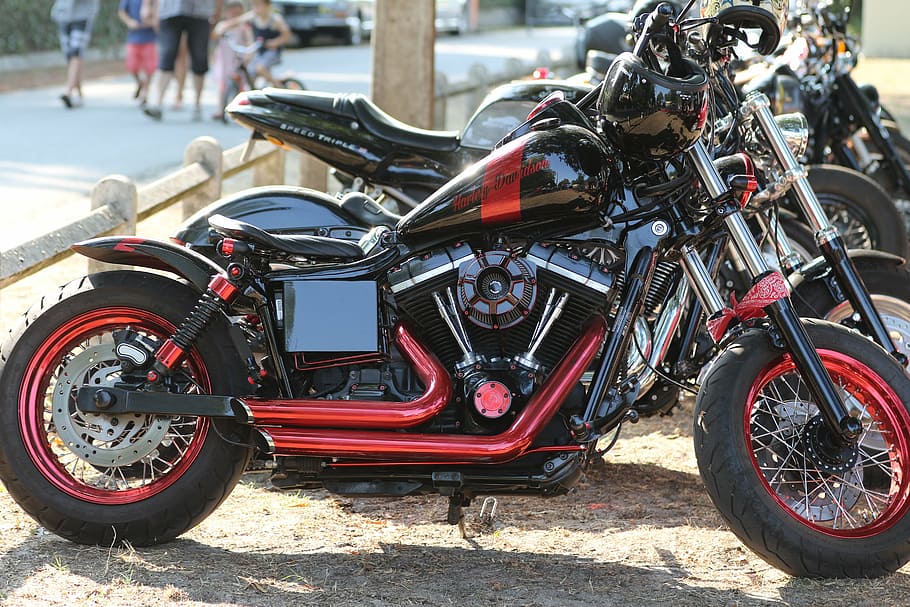 motorcycle, nab, harley davidson, custom, red, black, mode of transportation HD wallpaper