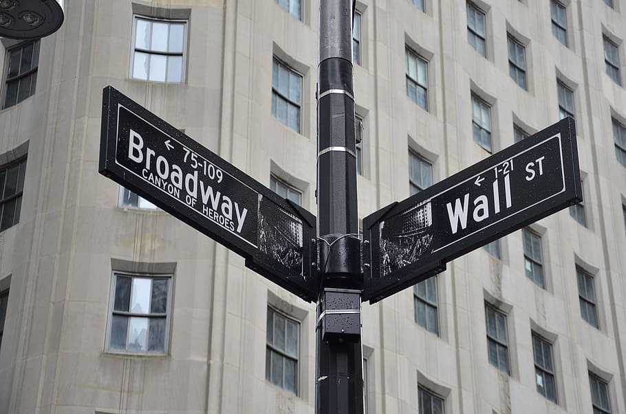 black steel street sign, new york, broadway, wall street, manhattan