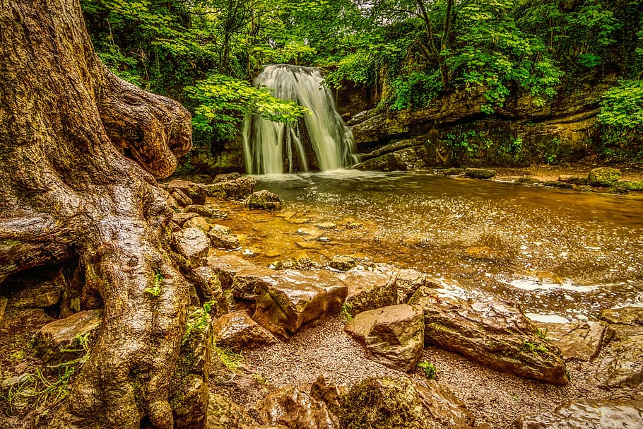 timelapse photo of a river and waterfalls, janet's foss, janets foss, HD wallpaper