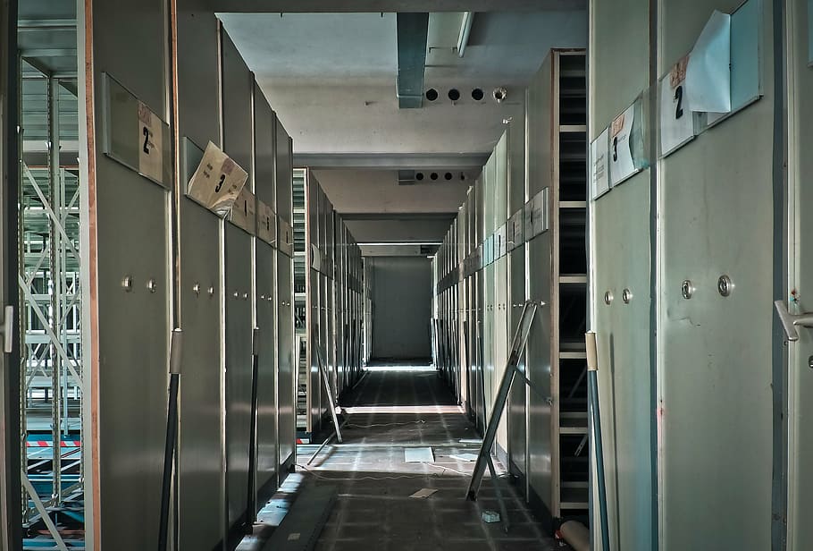 white metal hallway, lost places, office building, destroyed