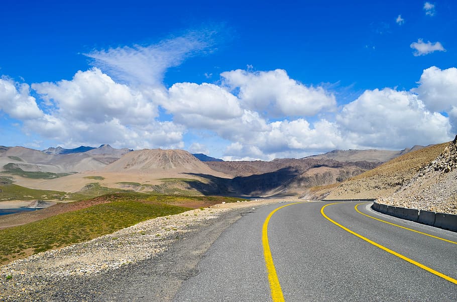 sky, blue, road, calm, clouds, blue sky, sun, landscape, glass HD wallpaper