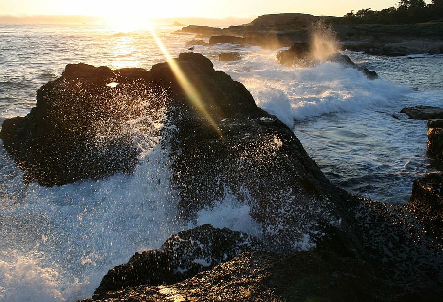 carmel, waves, sunset, flare, flares, ocean, sea, water, motion, HD wallpaper