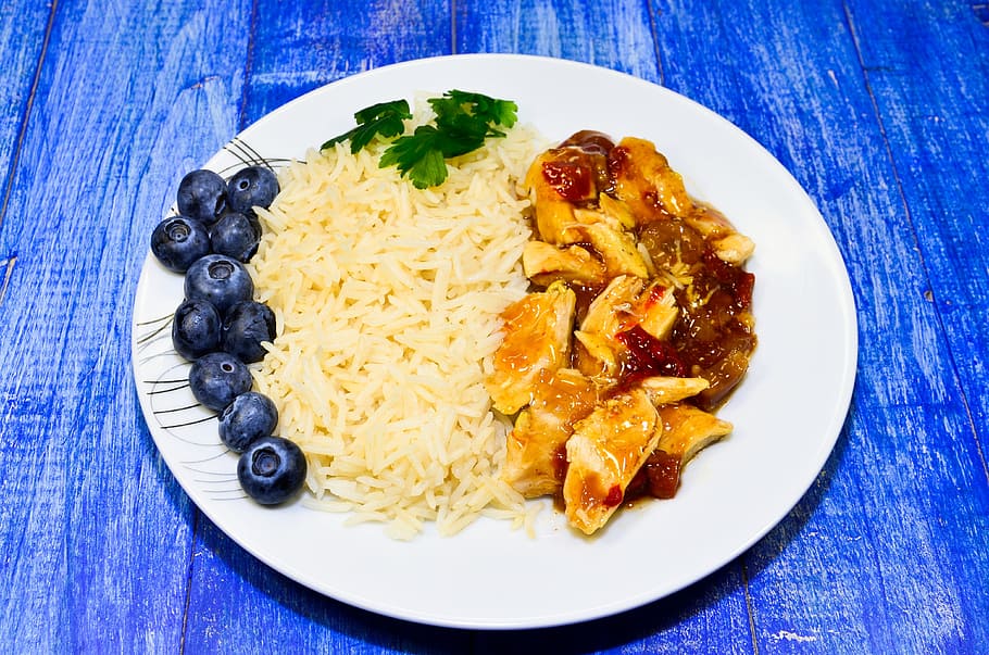chicken dish and blueberries on white ceramic plage, rice, celery, HD wallpaper