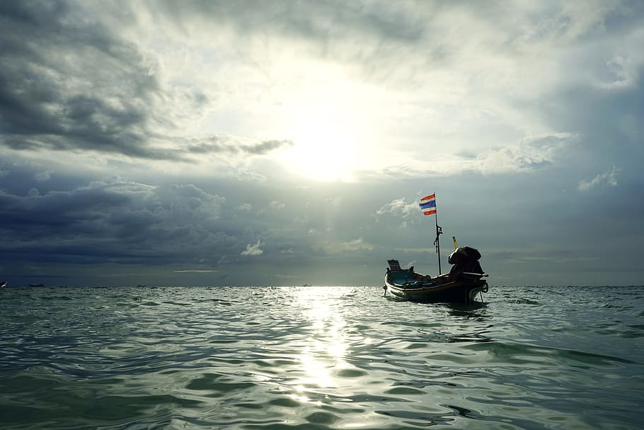 sky, clouds, nature, sunset, dark, boat, sailing, people, ocean HD wallpaper