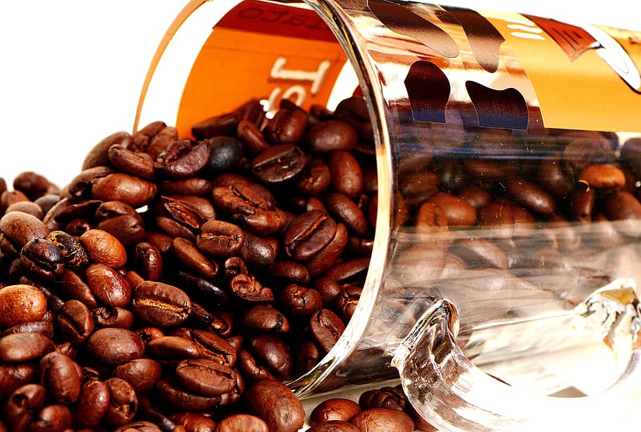 spilled coffee beans from glass mug, Cafe, Roasted, caffeine HD wallpaper
