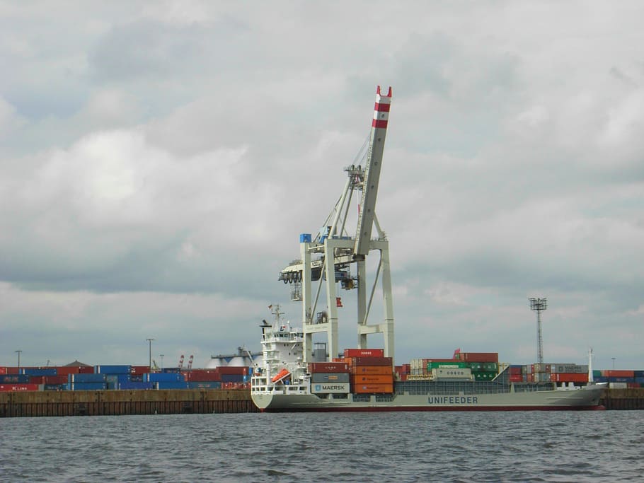 elbe, hamburg, port, harbour crane, container, container ship, HD wallpaper