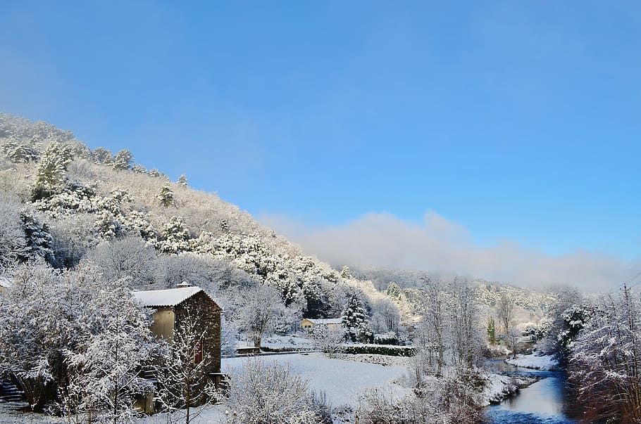 snow, river, winter, nature, ice, mountain, landscape snow HD wallpaper