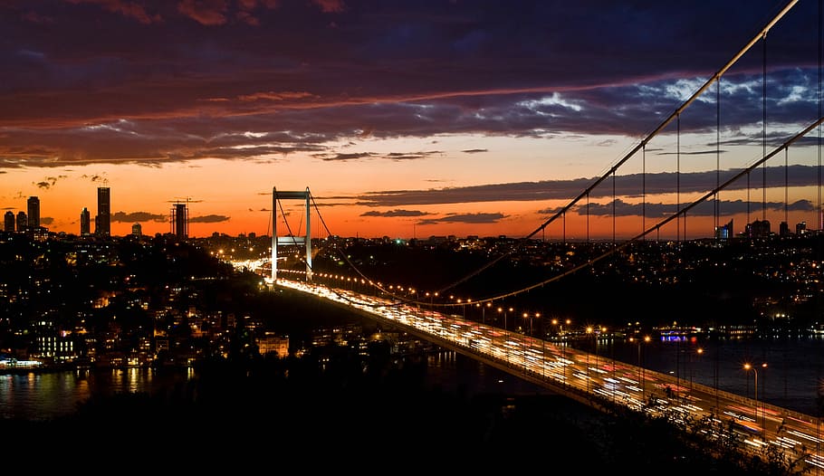 suspension bridge during golden hour, skyline photography of bridge HD wallpaper