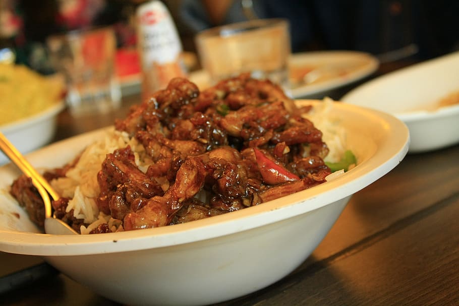 vegetables, food, white, chinese, bowl, spoon, rice, gravy HD wallpaper