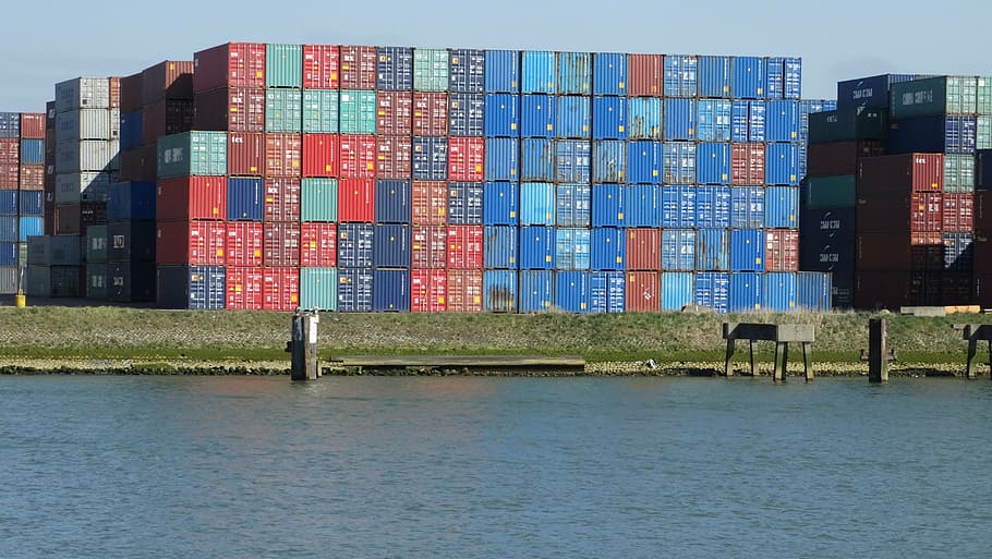 container, port, ship, transport, water, architecture, freight transportation HD wallpaper