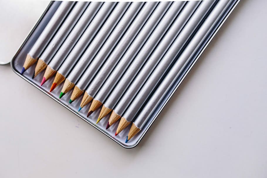 Silver crayons in a box, white, pencils, drawing, case, business card, HD wallpaper