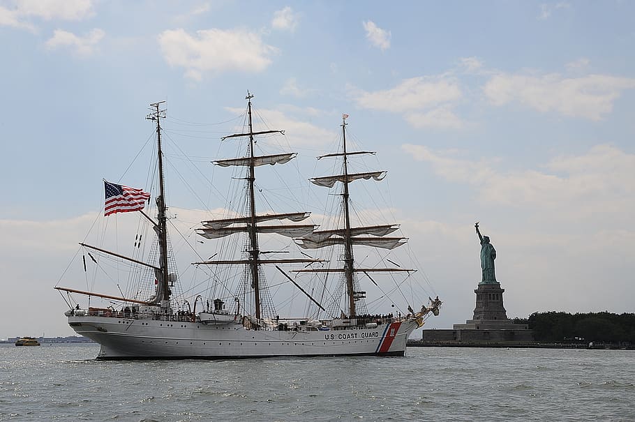 ship, cutter, three masted, barque, full sail, statue of liberty, HD wallpaper