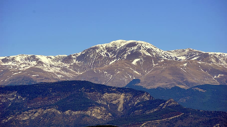 snowy mountain, the puigmal, peak, cordillera, mountains, sky, HD wallpaper