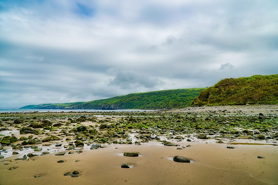 beach, sand, rocks, coast, beach sand, outdoor, natural, cloud HD wallpaper