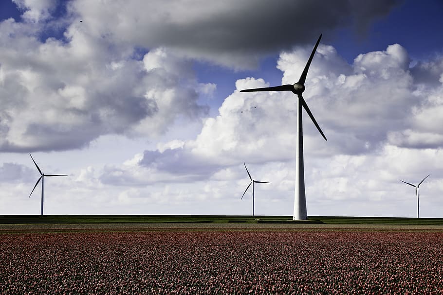Clean Energy, four white windmills, wind farm, wind turbine, structure HD wallpaper