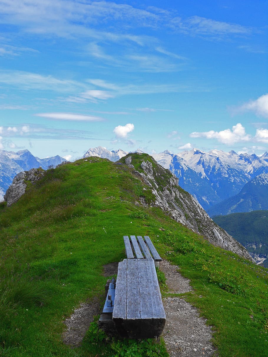 landscape, mountain, alps, summit, nature, bench, hiking, view HD wallpaper