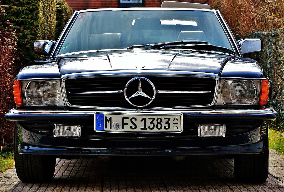 black Mercedes-Benz car during daytime, convertible, sl300, oldtimer