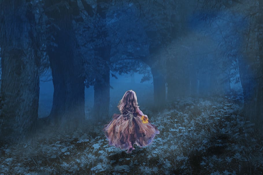 girl running in dark forest wallpaper, little kid, walk, flower hold in hand