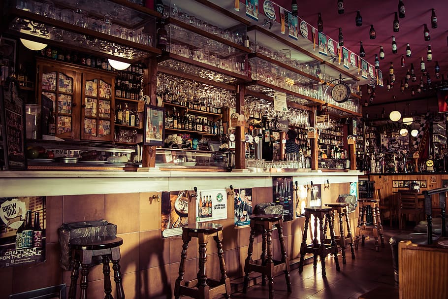 bar interior, drinks, beverage, alcohol, wine, glass, chair HD wallpaper