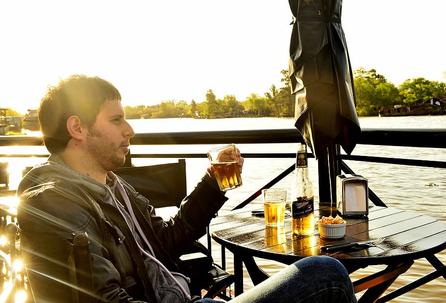 Beer, River, Sunset, Tiger, adults only, mid adult, sitting HD wallpaper