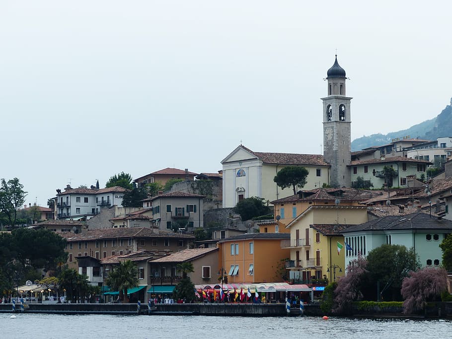 limone sul garda, town view, church, homes, italy, place, west bank, HD wallpaper