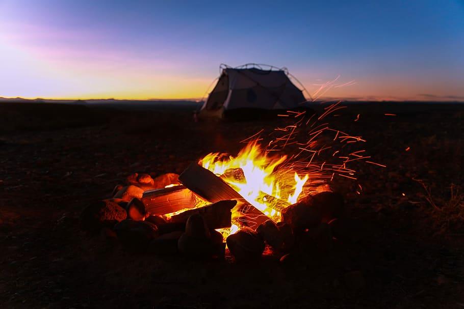 bonfire during sunset, flame, wood, burning, orange, tent, camping HD wallpaper