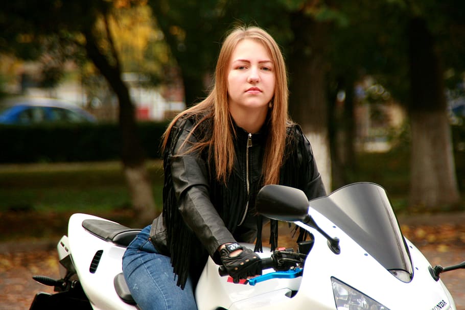 woman riding white sports bike, girl, motorcycle, leather jacket