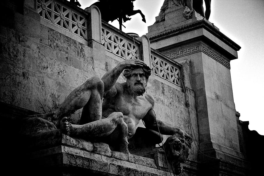grayscale photography of man statue, Sculpture, Stone, Grunge HD wallpaper