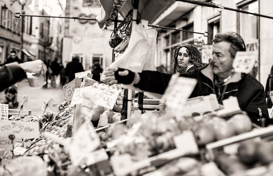 grayscale photography of man and woman, man picking up vegetables HD wallpaper