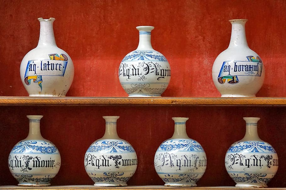 pharmacy, drug, historically, ceramic vessel, medicinal pot, HD wallpaper