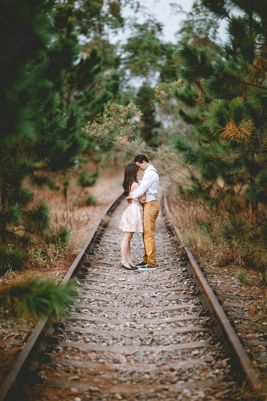 man and woman hogging each other on train rail, nature, love, HD wallpaper