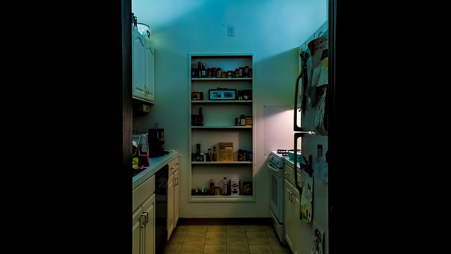 white wooden shelf organizer, white wooden shelf in kitchen, house HD wallpaper