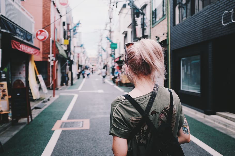 woman standing on road, architecture, buildings, infrastructure HD wallpaper
