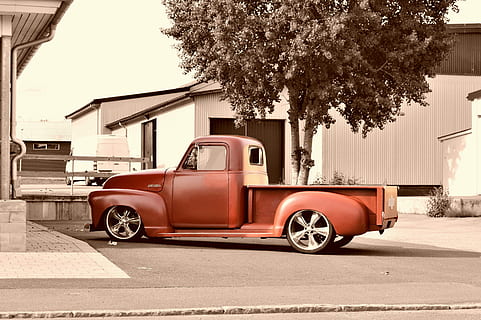sepia photography of parked classic red single cab pickup truck, red single-cab pickup truck parked near white house under green tree atydaytime HD wallpaper