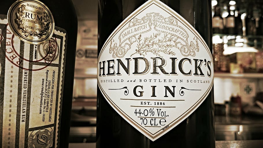 1836 Hendrick's Gin bottle, label, alcohool, bar, text, western script