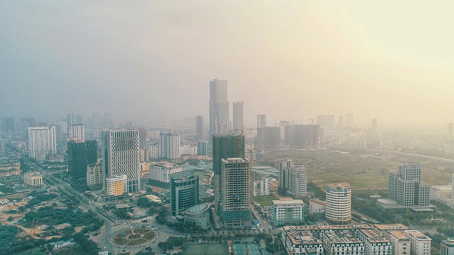 Afternoon’s fog, aerial photography of city buildings, architecture HD wallpaper