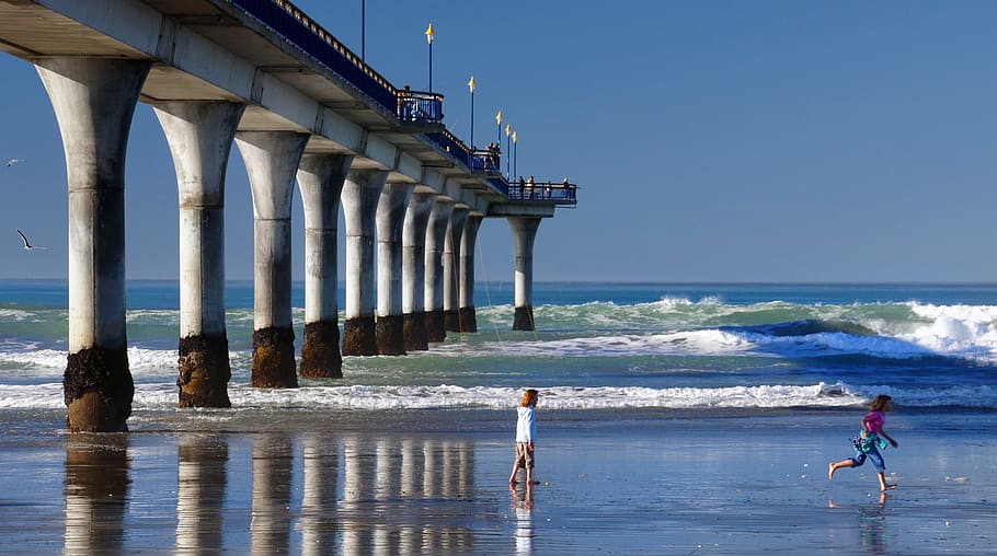 concrete dock through beach, seascape, pier, ocean, sand, waves HD wallpaper