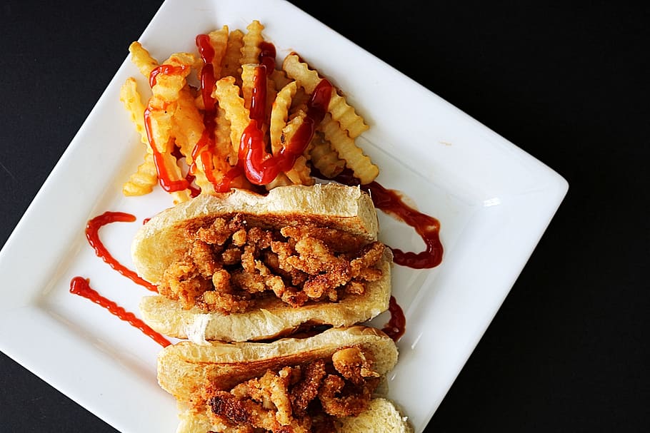 clam roll, new england, fried, clams, fried clams, ketchup HD wallpaper
