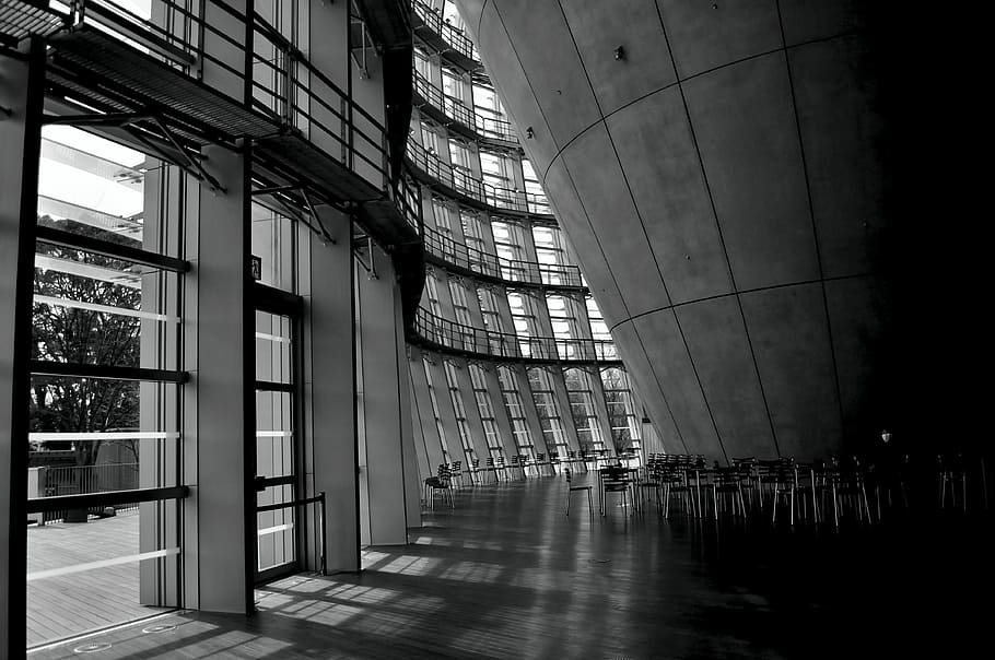 grayscale photo of building interior, windows, shadow, sunlight HD wallpaper